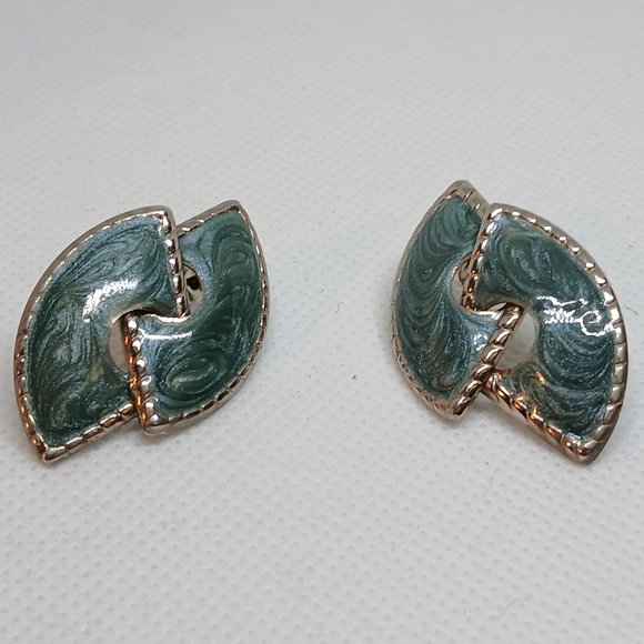 1980s Vintage Retro Shimmering Green/Blue/Gray Enamel Pierced Earrings #35W - Picture 9 of 14